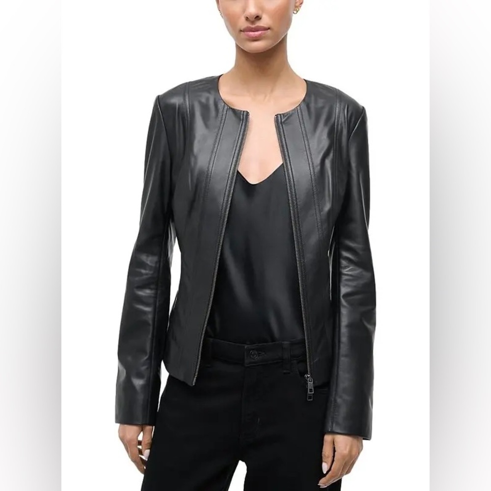 Wilsons Leather Black Collarless Zip Leather Jacket